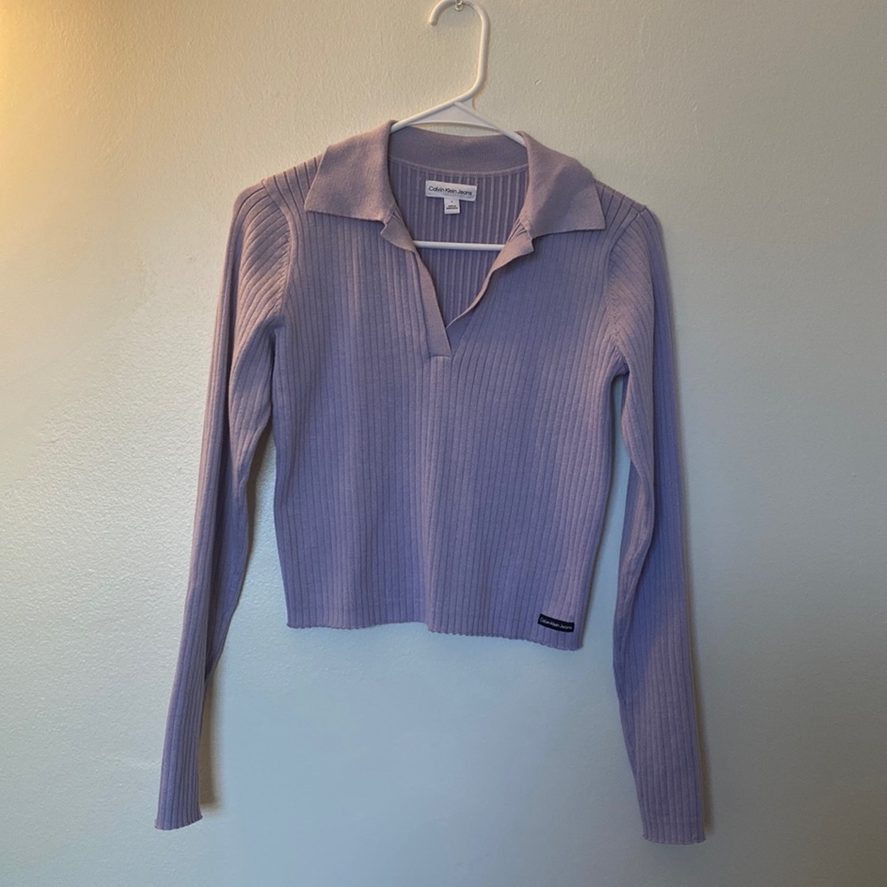 Calvin Klein Jeans Sweater for Women V Neck Long Sleeve Lilac